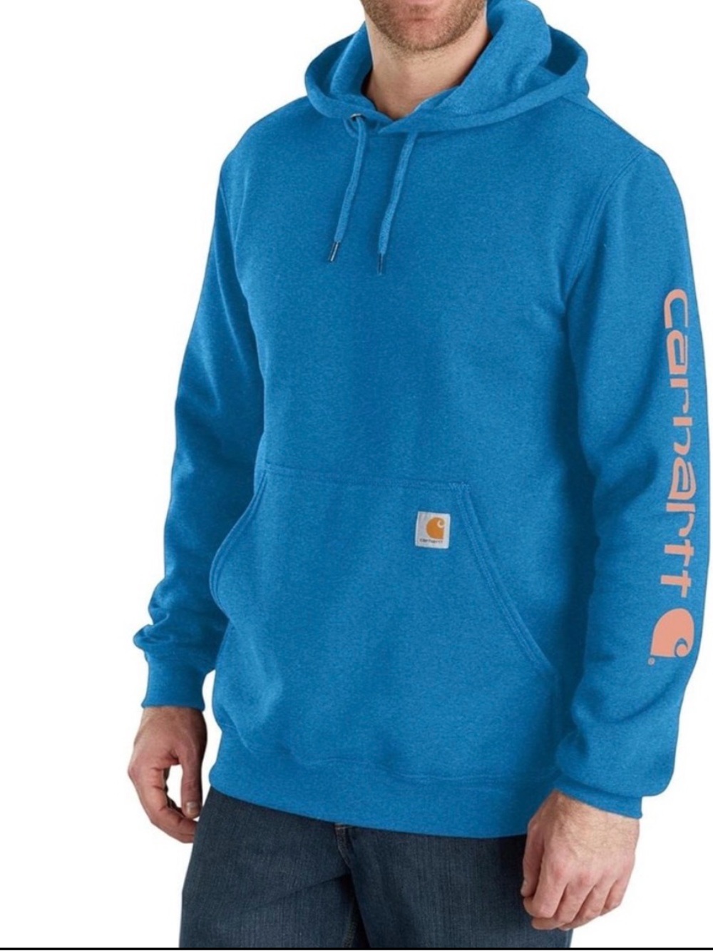 Carhartt Blue Hoodie with Orange Sleeve Logo